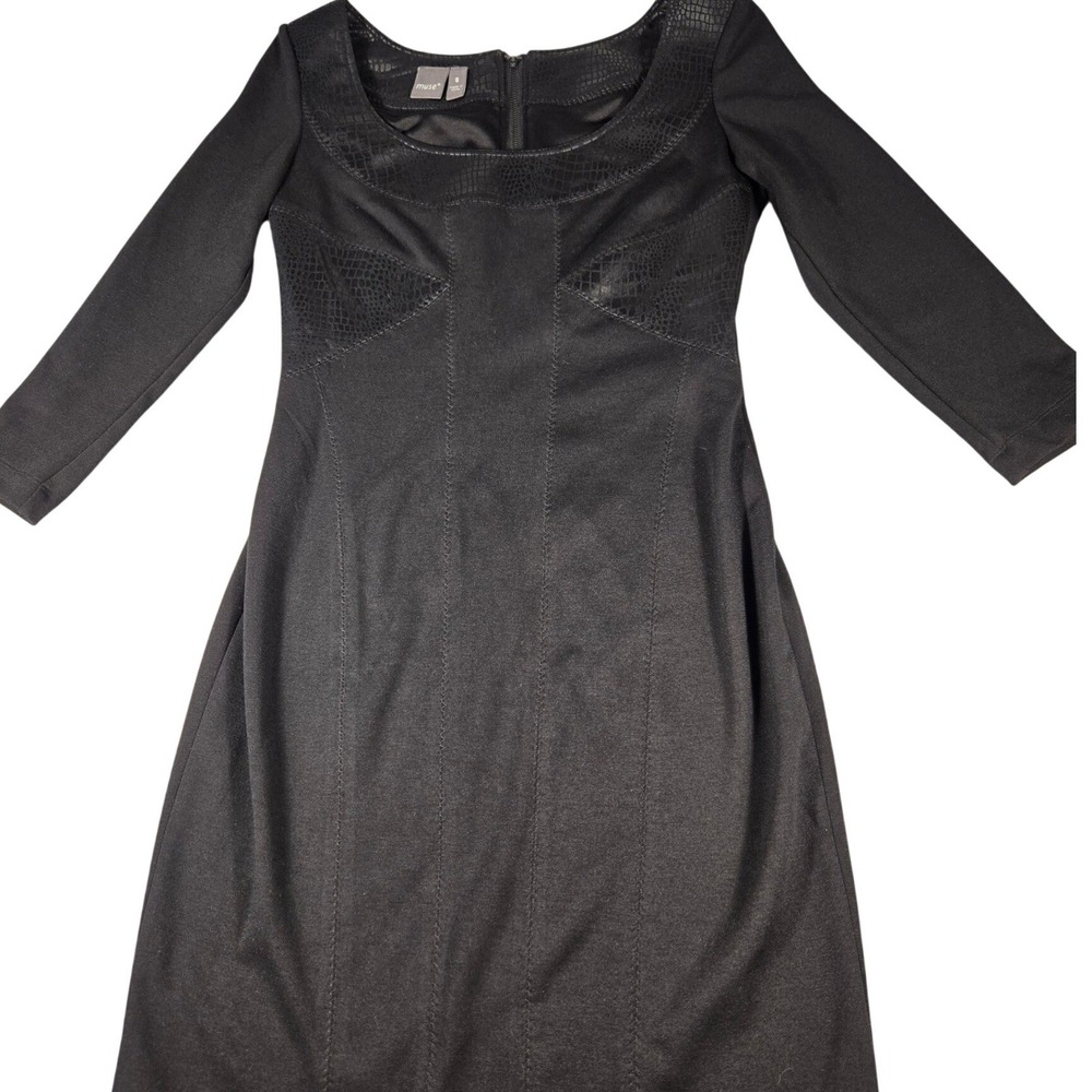 Muse Black Sheath Dress Faux Snakeskin Trim Scoop Neck 3/4 Sleeve Size 6